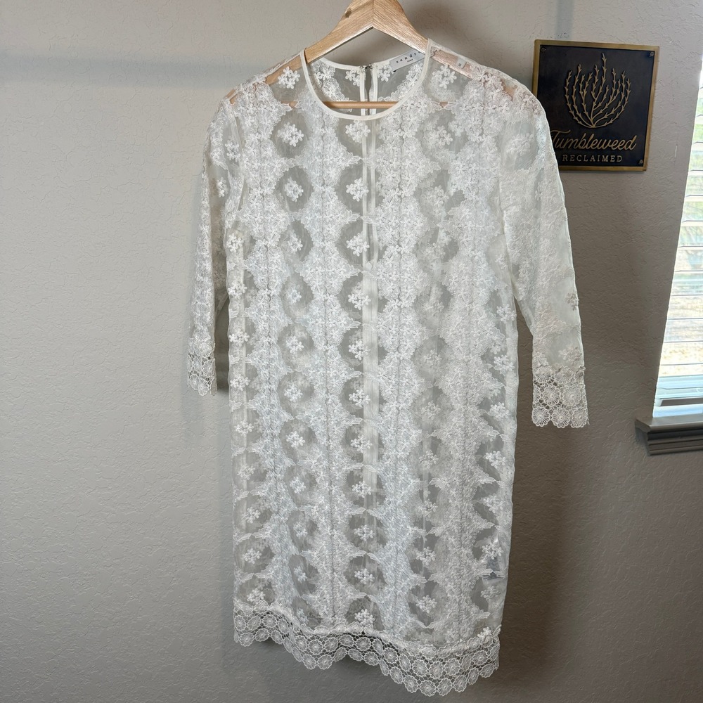 Sandro Paris White Floral Lace Shift Dress Scalloped Trim Sz 38/Medium